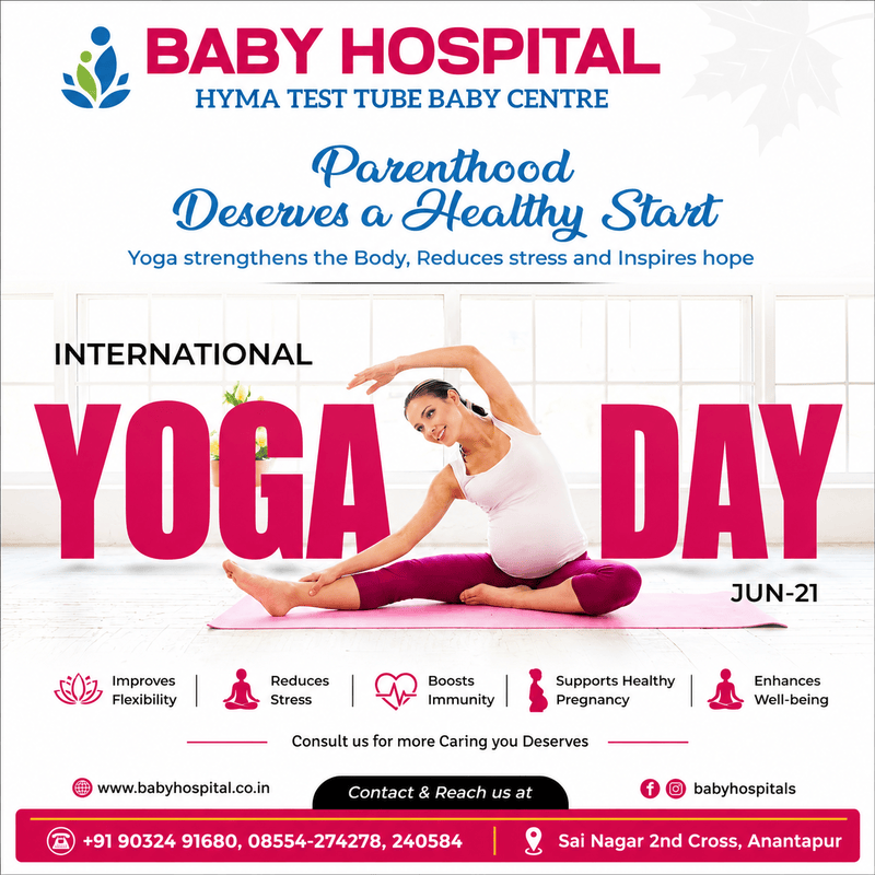 International Yoga Day 2026 poster featuring prenatal yoga and healthy motherhood by Baby Hospital Hyma Test Tube Baby Centre